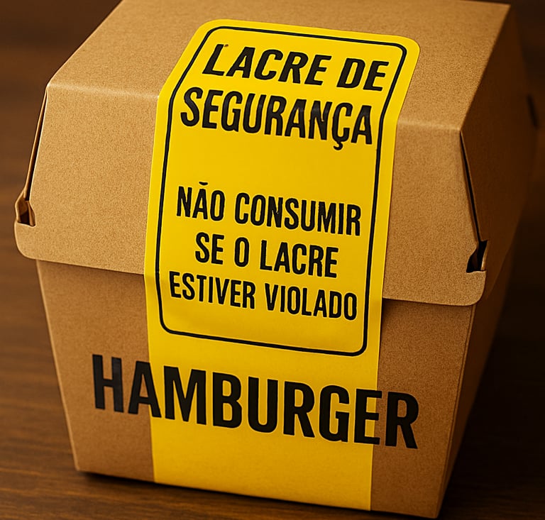 Imagem de uma caixa de hambúrguer com etiqueta de lacre de segurança.