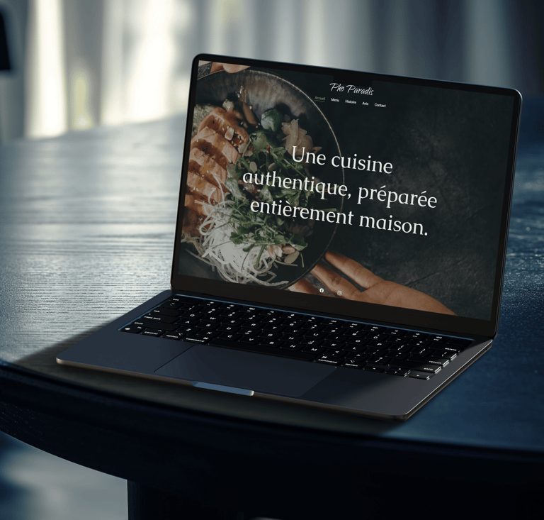 A laptop on a table displaying the Pho Paradis website