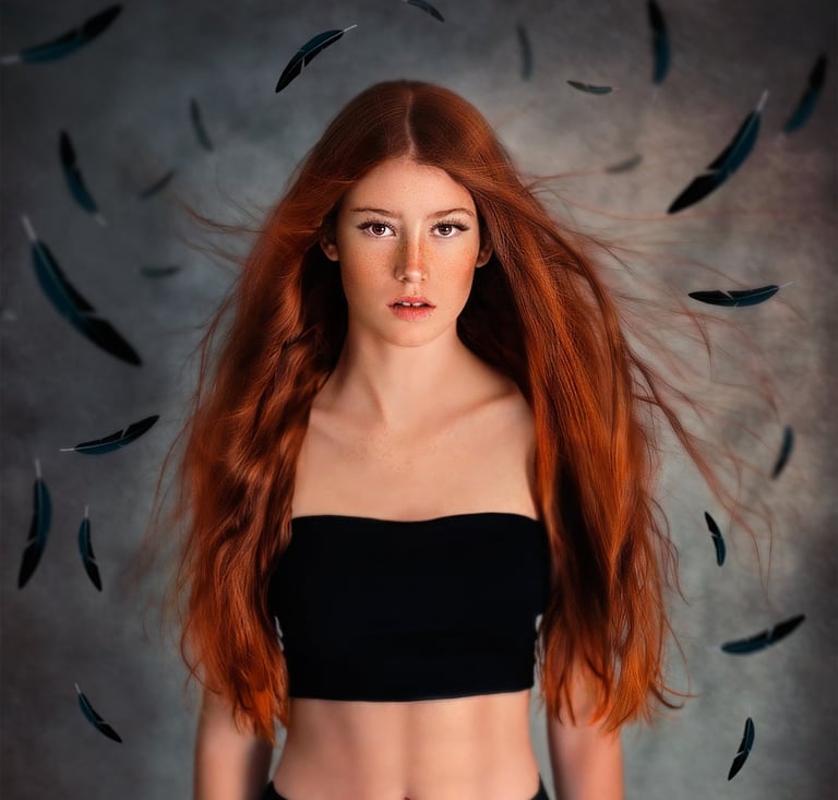 red head girl with freckles, wearing black skirt and crop top. Black feathers around her