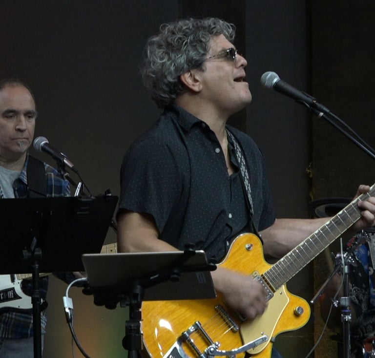 a man playing guitar and singing into a microphone