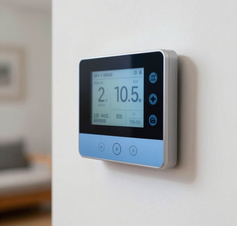 A close-up of a digital smart thermostat mounted on a white wall in a modern North American home, displaying temperature controls. Sharp focus, soft indoor lighting, professional photography with steel blue accents.