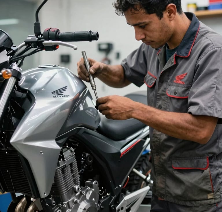 Detailed shot of a professional mechanic in a clean, modern workshop in Bogotá, South American / Colombian setting, wearing a Honda branded uniform, performing maintenance on a silver motorcycle engine with precision tools, bright clinical lighting.