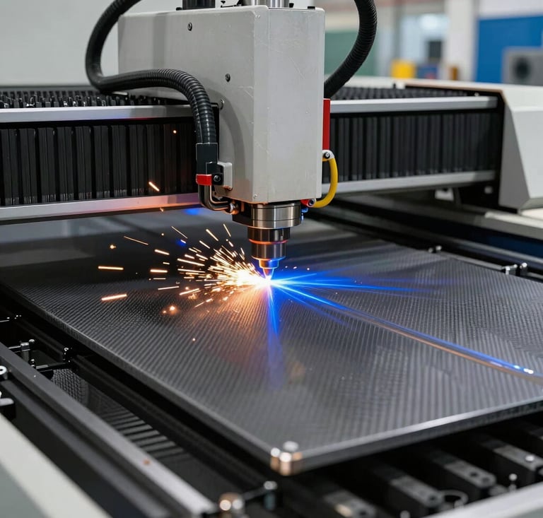 High-precision industrial laser cutting machine working on a carbon steel plate, bright sparks and blue light effects, modern industrial setting, South American / Brazilian factory floor, professional photography style.