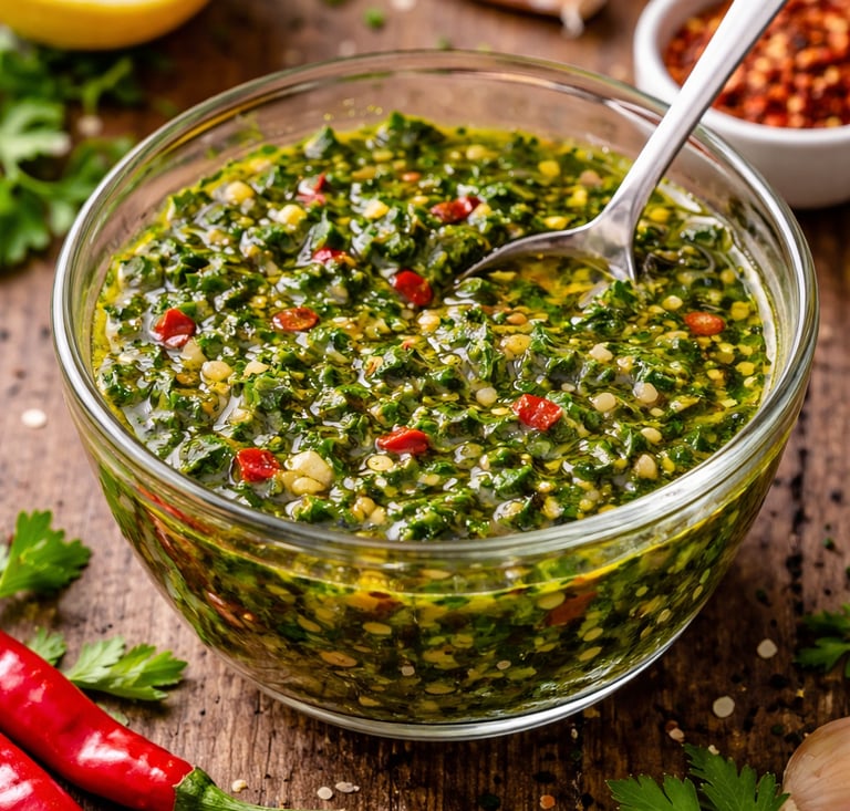 Fresh homemade chimichurri sauce in a glass bowl with parsley, garlic, and red chili peppers.