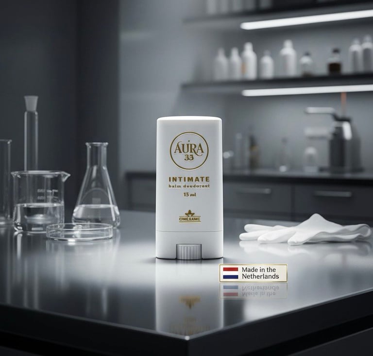Дезодорант-бальзам для інтимної гігієни AURA 33 у лабораторних умовах з лабораторним посудом та етик
