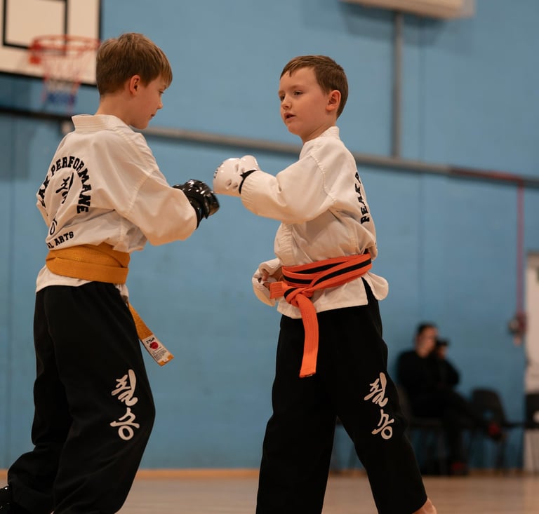 Two young boys in white doboks practicing Taekwondo sparring in a martial arts class.