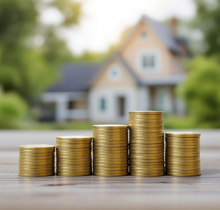 a stack of coins in front of house