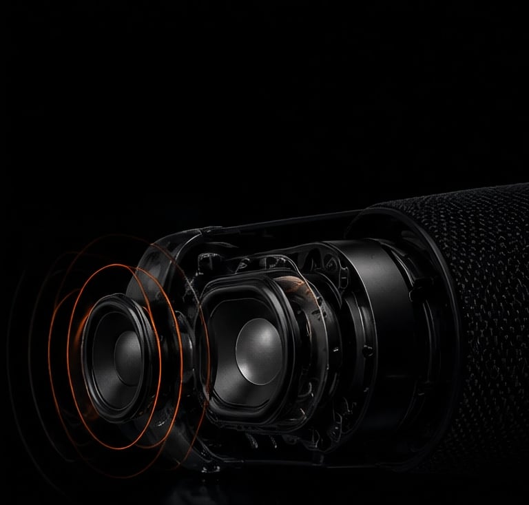 Vue en coupe des haut-parleurs internes de l'enceinte JBL Charge 6 avec ondes sonores orange