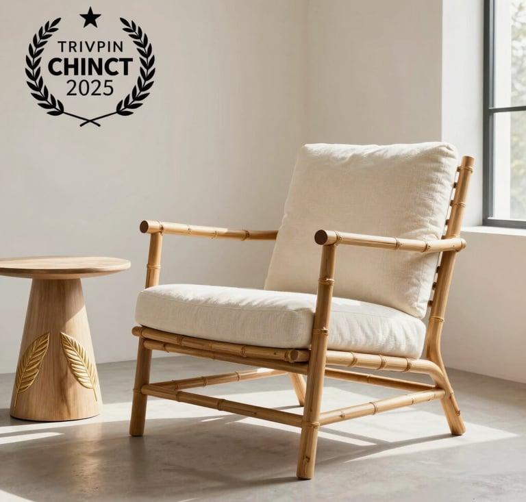 A high-end interior shot of a minimalist living space featuring a handcrafted lounge chair made of bamboo and soft ivory textiles. Subtle leaf-inspired gold decorations adorn the nearby table. Natural light floods the room.