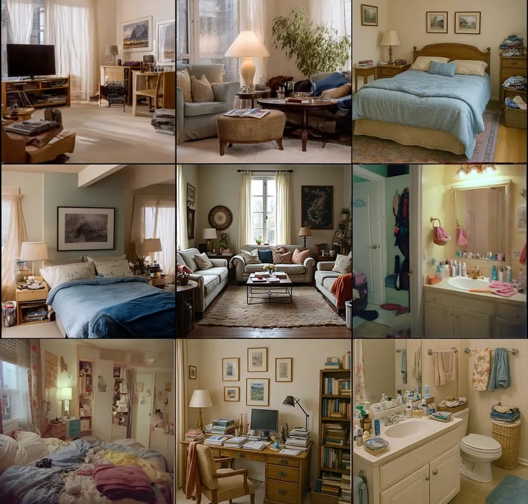 a collage of 9 slightly chaotic, cluttered spaces