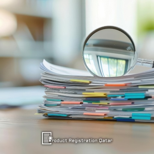 Product Registration Qatar logo and slogan with documents inspection in background