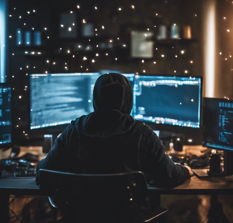 a person sitting at a desk with a computer monitor and a laptop