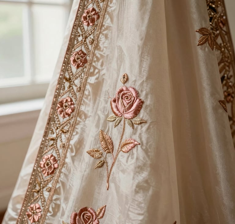 Close-up of rich champagne-colored hand-loomed silk bridal fabric with intricate rose gold embroidery, soft window light, shallow depth of field
