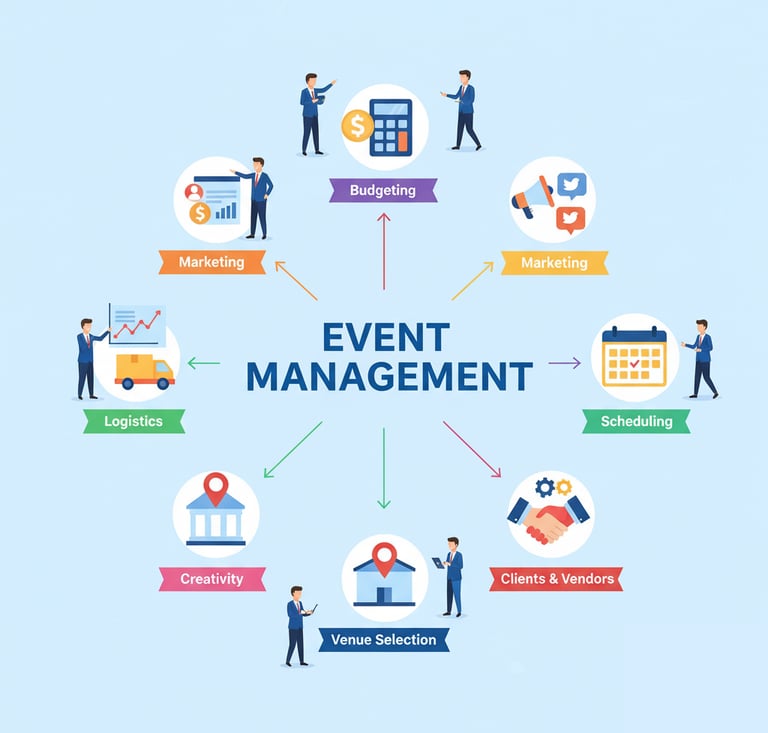 event management -Budgeting , marketing, scheduling , clients and vendors, venue selection ,creativity ,logistics 