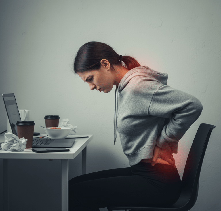 a woman sitting at a desk with a laptop, suffering from back pain and bad posture sitting too long