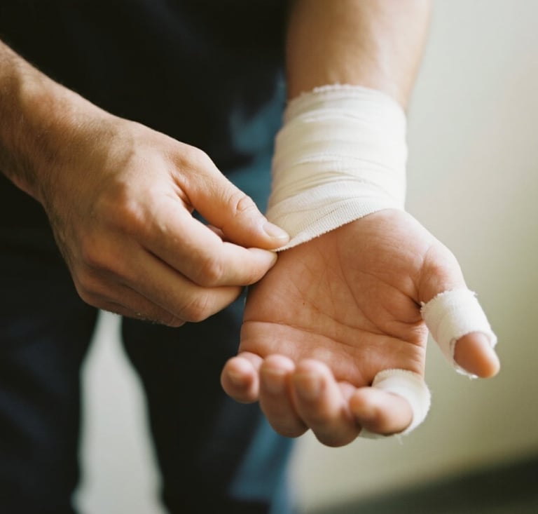 Homem com a mão enfaixada após sofrer acidente.