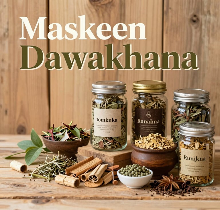 A vibrant assortment of fresh herbal leaves and roots arranged on a rustic wooden table.