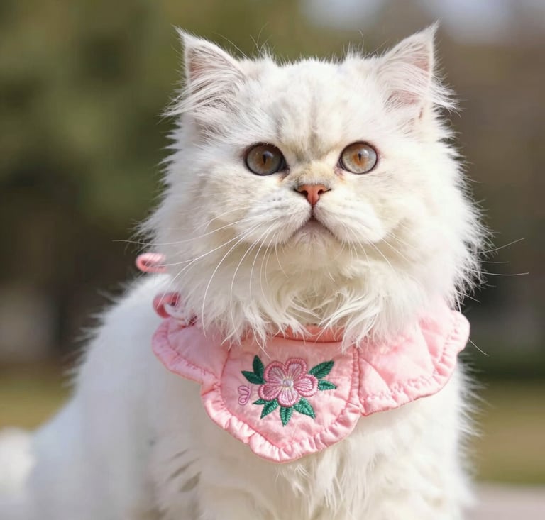Gato persa blanco de pelo largo que lleva un accesorio de collar bordado con flores rosas