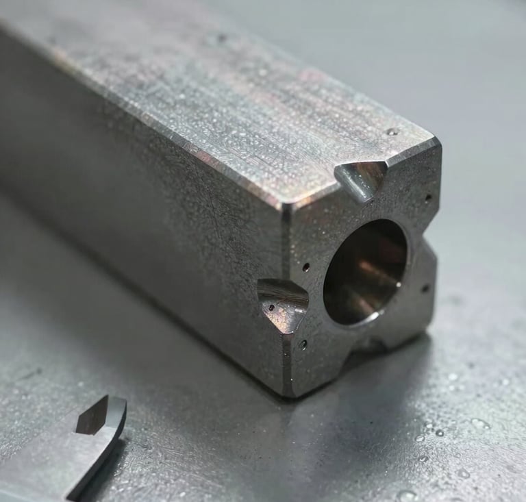 Extreme close-up of a freshly cast metal component on a flat inspection surface, natural factory light raking across the surface finish revealing precise dimensional edges, casting still showing slight heat coloration, a caliper partially visible at the lower frame edge, tight documentary framing with no stylization