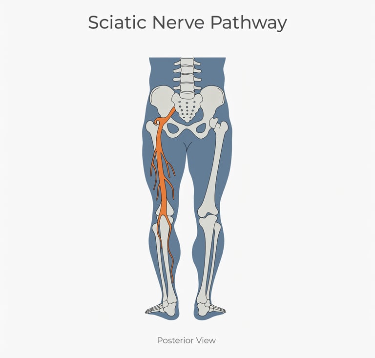 Illustration showing the sciatic nerve running from the lower back through the leg