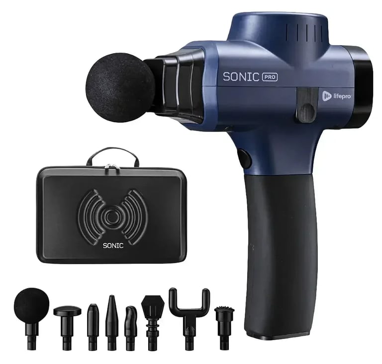 LifePro Sonic Pro massage gun with multiple attachments for full-body and back pain recovery