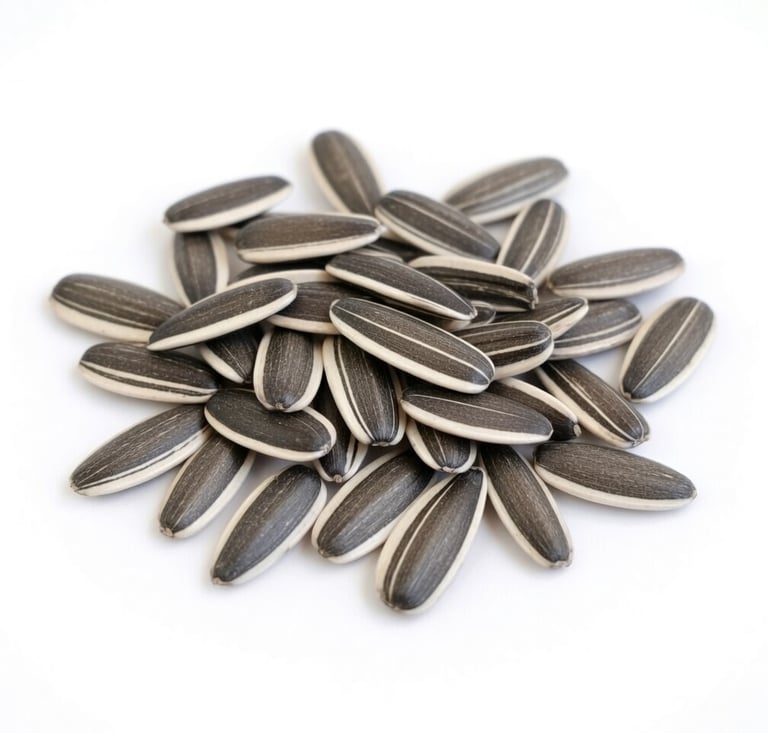 A small pile of roasted black and white striped sunflower seeds isolated on a white background.