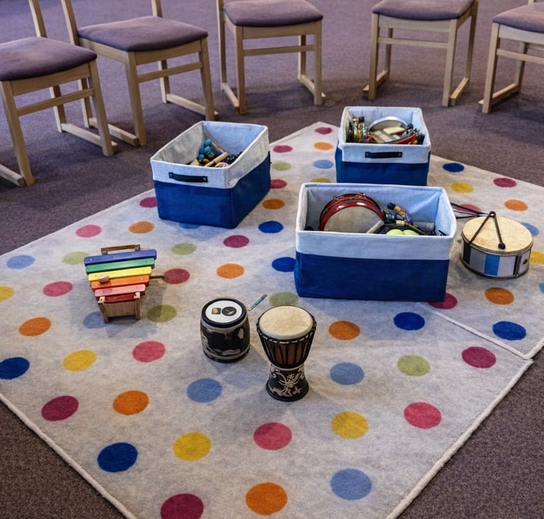 Musical instruments on spotty rug ready for toddler music group at Clavering Village Hall.