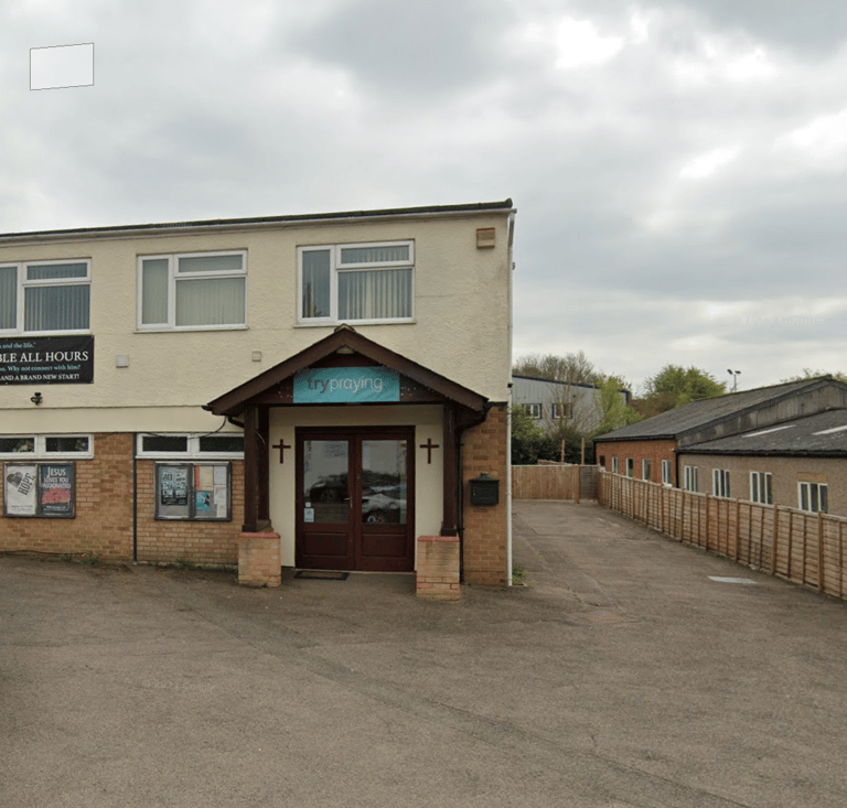 Front entrance of New Life Church in Saffron Walden with easy on-site parking for baby and toddler group.