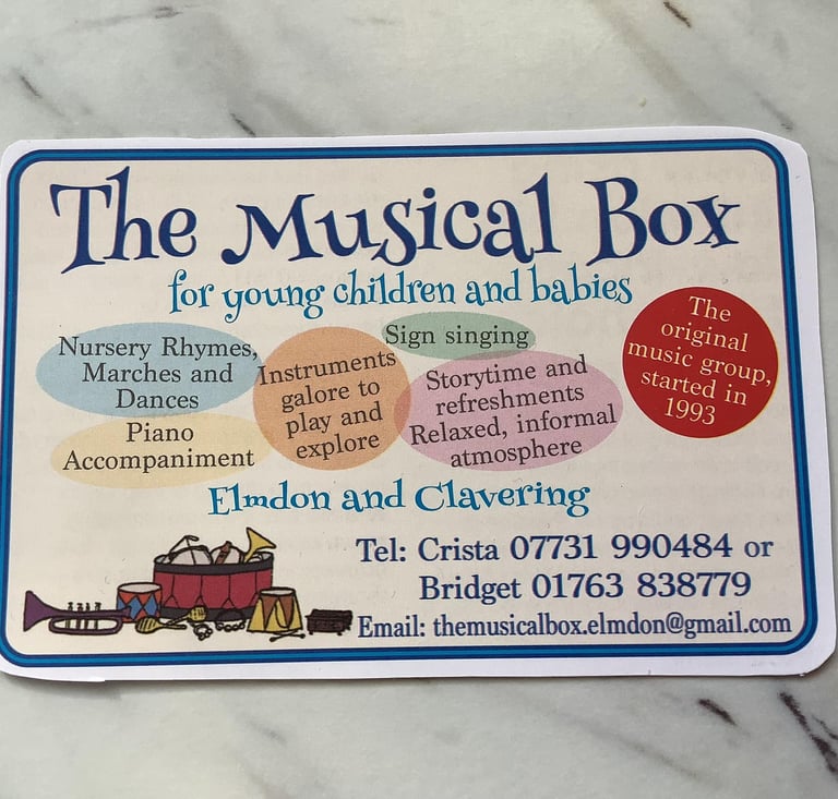 The Musical Box baby and toddler music group flyer showing sessions in Elmdon and Clavering near Saffron Walden.