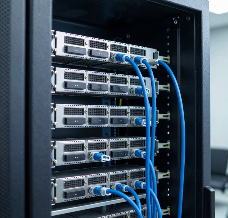 A sleek server room glowing with blue lights representing internet connectivity.