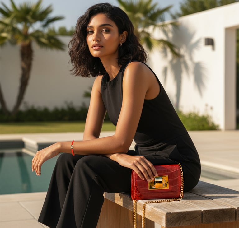 Elegant woman in a black jumpsuit holding a luxury red croc-embossed leather handbag by a sunny pool.