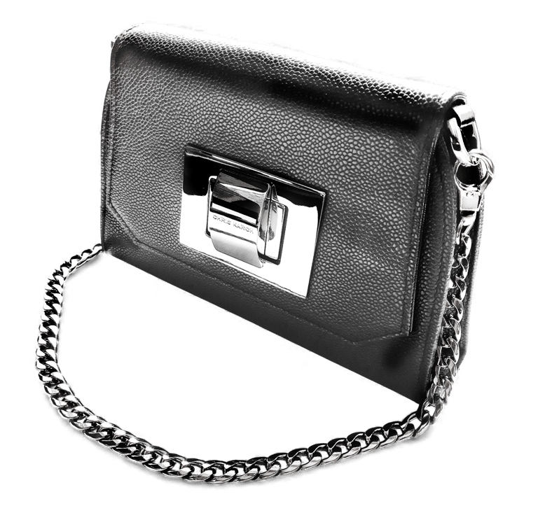 Elegant black textured leather crossbody bag with silver hardware and a chain strap.