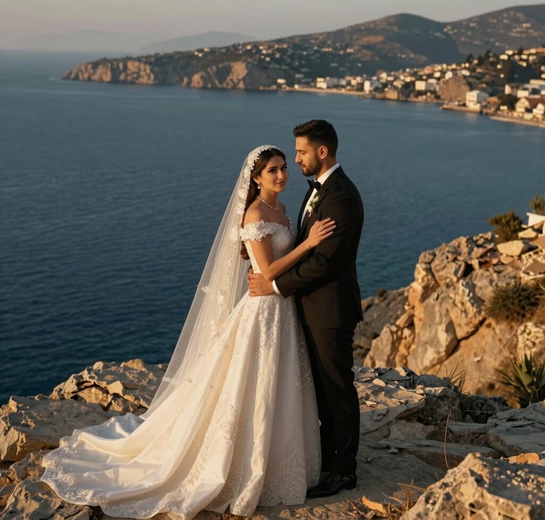 Professional outdoor photography of a Middle Eastern / Turkish bride and groom standing on a rocky cliff in Bodrum. The deep blue Aegean Sea is in the background. The scene is illuminated by the golden hour sun, creating a warm mustard-colored glow.