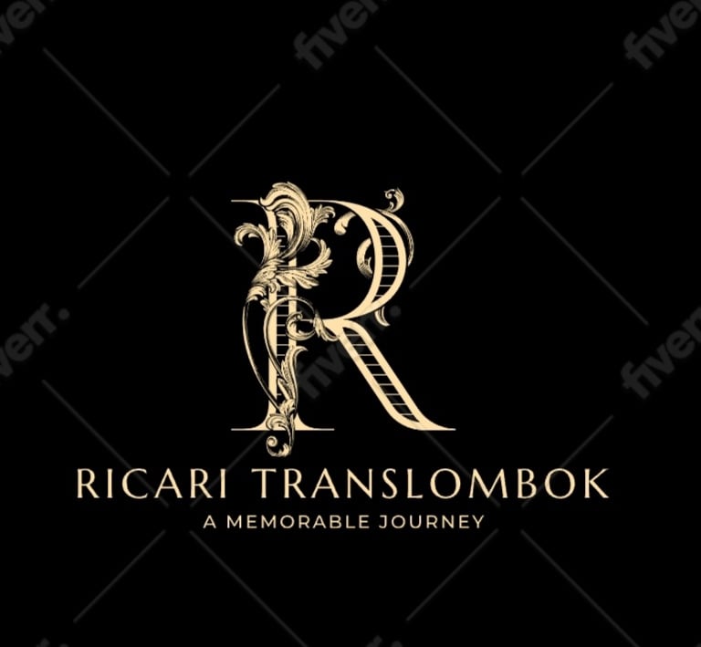 Elegant gold Ricari Translombok logo featuring an ornate serif letter R with floral scrolls on a black background.