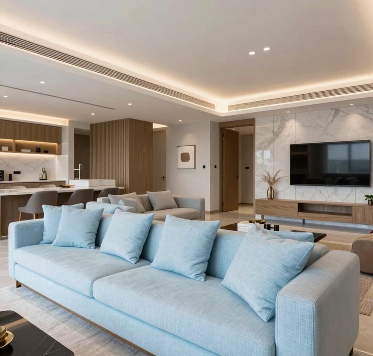 Professional real estate shot of a luxurious modern living room in a high-end Brazilian apartment, minimalist decor with light blue cushions, bright and airy atmosphere.