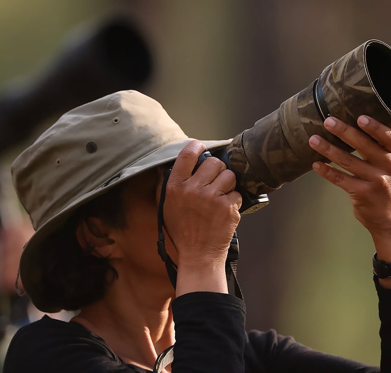 woman with telephoto lens taking photo pf birds