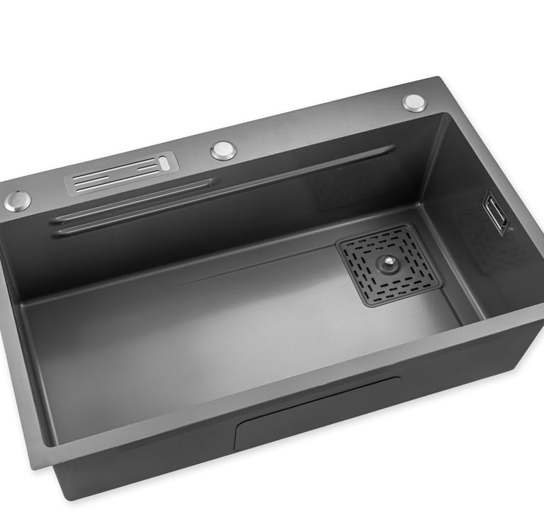 Modern dark grey stainless steel undermount kitchen sink with a rectangular drain and built-in glass rinser.