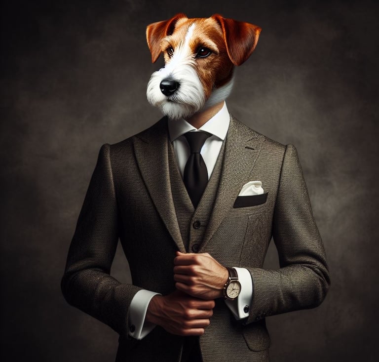 Jack Russell ID elegante com terno cinza e gravata preta e camisa branca
