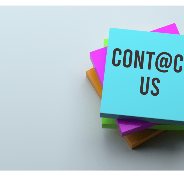 a stack of sticky notes with a note pad attached to it. Contact us page.