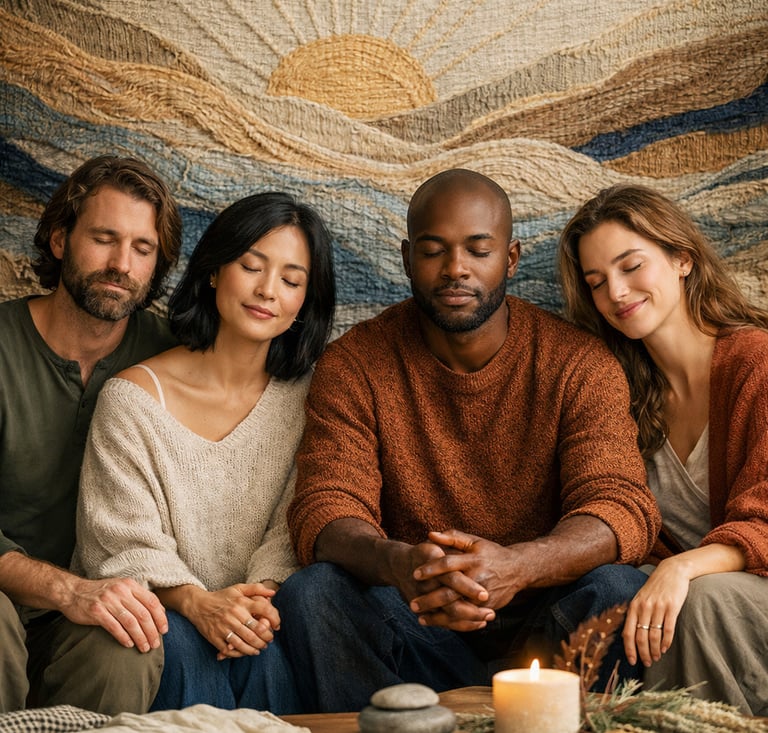 InnerLoom - A diverse group in their 30s sits calmly, reflecting inward growth as shared stories weave clarity and intention.
