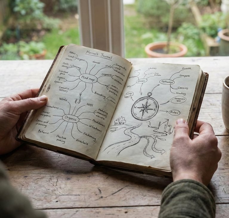 InnerLoom - Male reviewing a strategic realignment blueprint at a sunlit desk. Grounded, professional, and intentional.