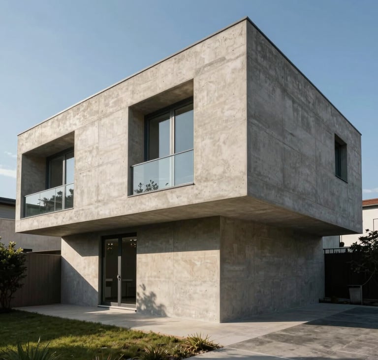 One-point perspective elevation of a modernist concrete residence, sharp geometric shadows, high-contrast natural sunlight, no people
