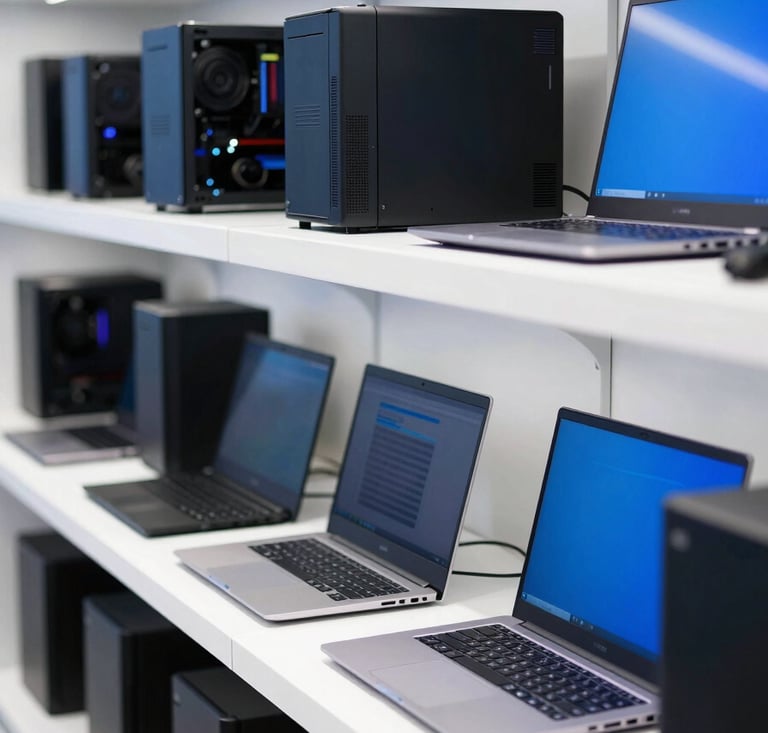 A professional photography shot of organized IT equipment, including new laptops and components on a shelf in a modern European / French computer store. The lighting is bright and clean, emphasizing a white and royal blue color scheme.