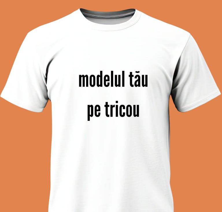 Custom white cotton t-shirt with black text on an orange background for personalized apparel design.