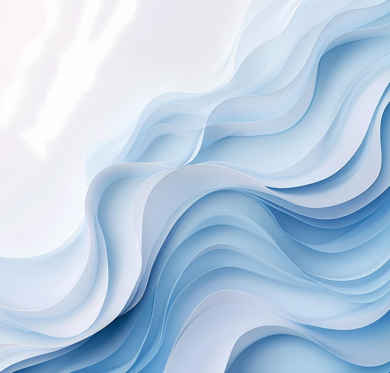 Illustration abstraite en couches fluides et superposées de dégradés bleus et blancs.