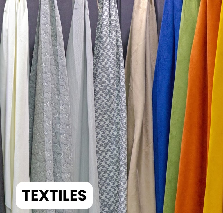 TEXTILES: a variety of different colored fabrics for sample display