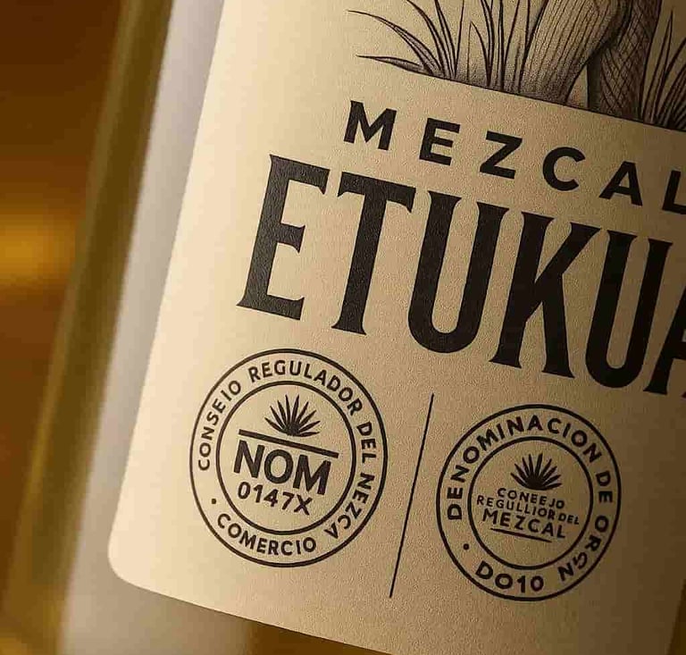  Diferentes botellas de mezcal artesanal Etukua alineadas, mostrando sus etiquetas y certificaciones