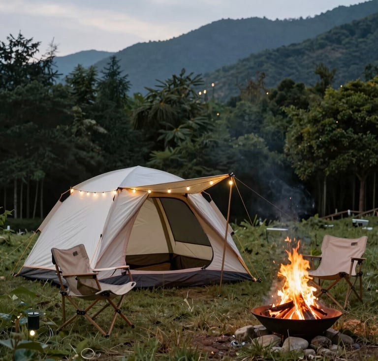 A rugged backpack and camping tools laid out on a wooden table surrounded by pine needles.