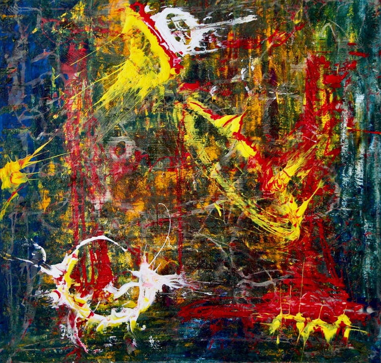 Abstract expressionist oil painting featuring bold splashes of red, yellow, and white on a textured dark background.