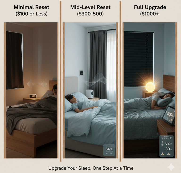 Three-panel comparison of bedroom sleep technology upgrades at various price points for better rest.
